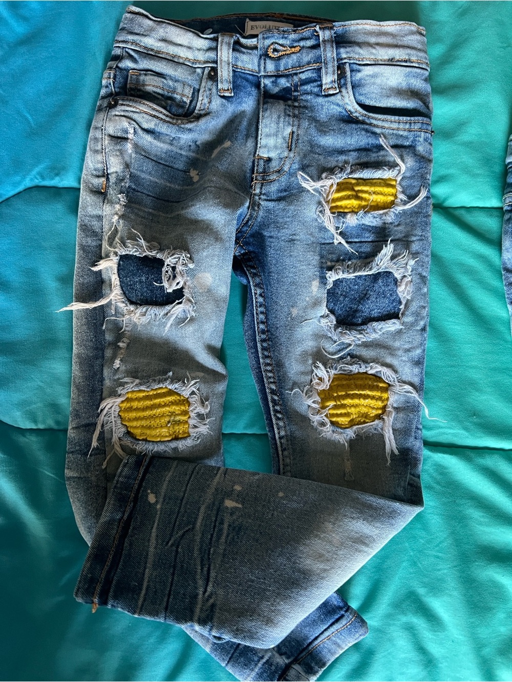 Kids Evolution In Design Distressed Blue Jeans with Yellow Patch Detail